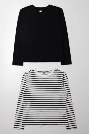 2 Pack Stripe Crew Neck T-Shirts Black And White