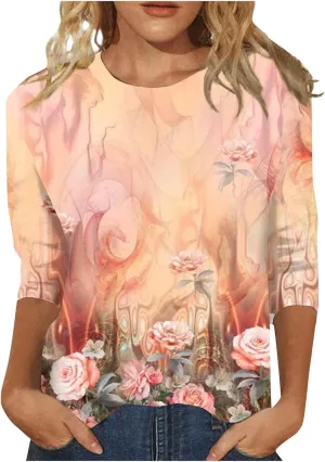 3/4 Length Sleeve Womens Tops Trendy Boho Floral Print Tunic Tops Dressy Casual Round Neck Loose Blouse