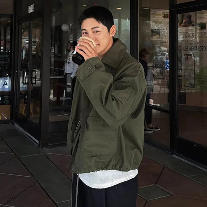 American Style Solid Color Lapel Jacket Pocket Single Breasted Drawstring Clothing Versatile 2024 Winter Male Coat 9C8782