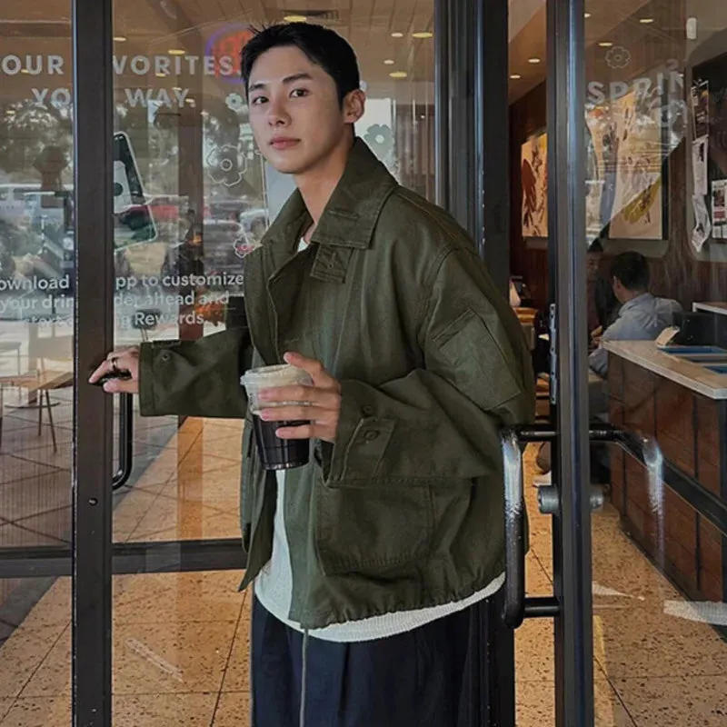 American Style Solid Color Lapel Jacket Pocket Single Breasted Drawstring Clothing Versatile 2024 Winter Male Coat 9C8782