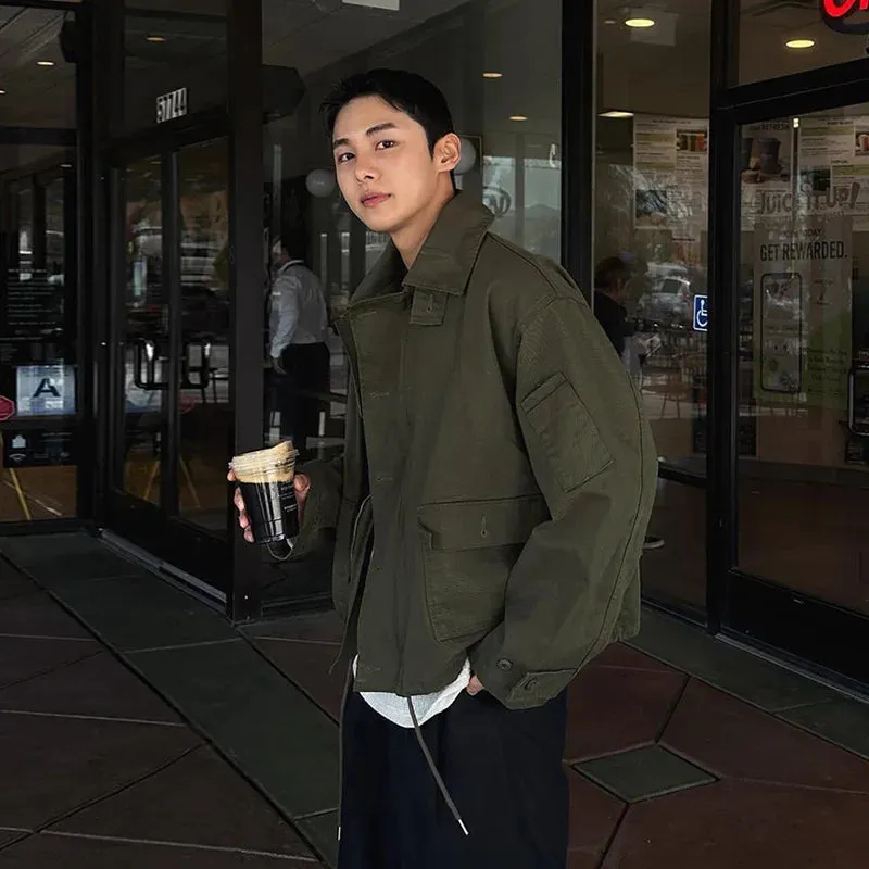 American Style Solid Color Lapel Jacket Pocket Single Breasted Drawstring Clothing Versatile 2024 Winter Male Coat 9C8782