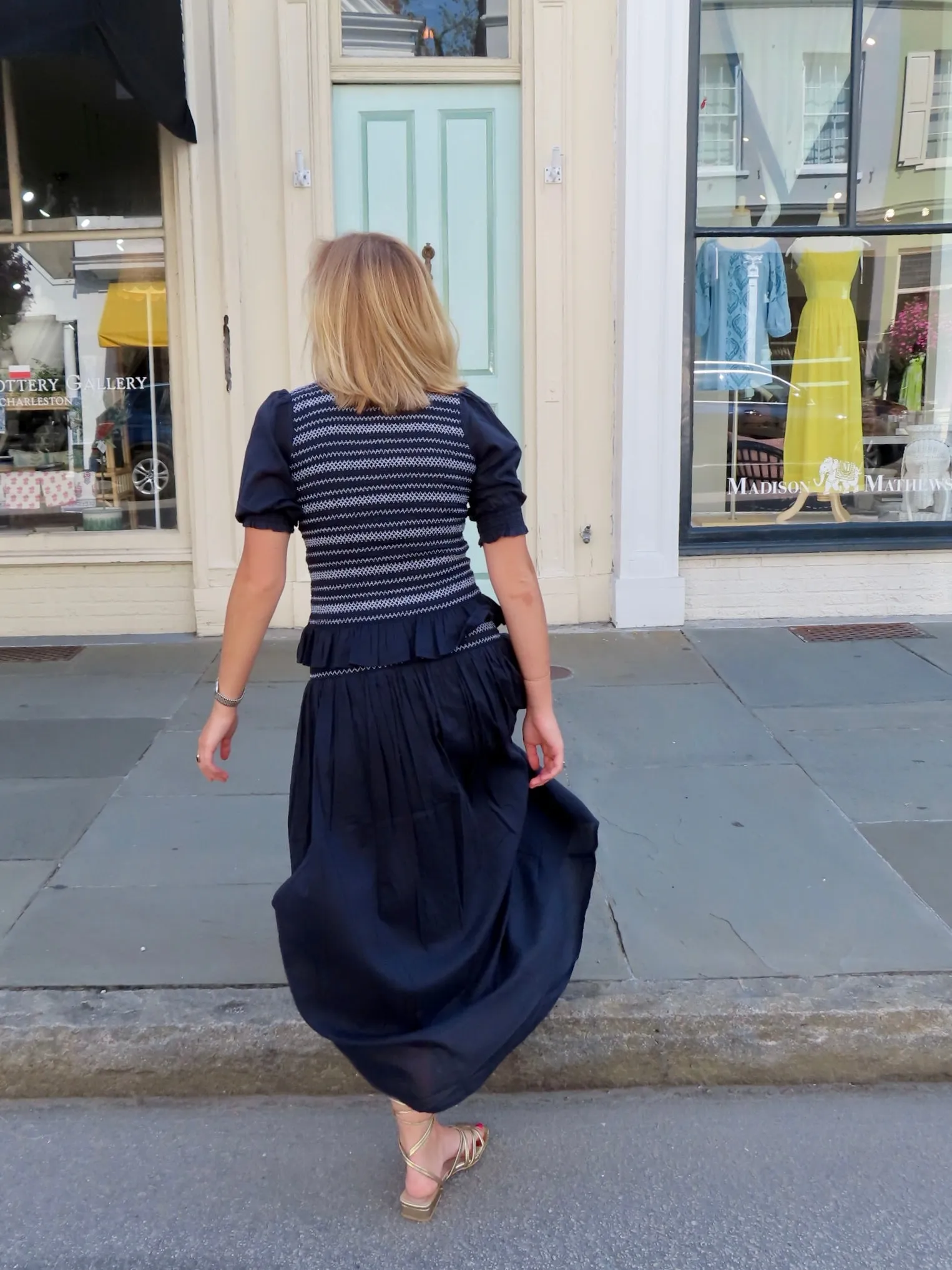 Annie Smocked Top Navy with White Stitching