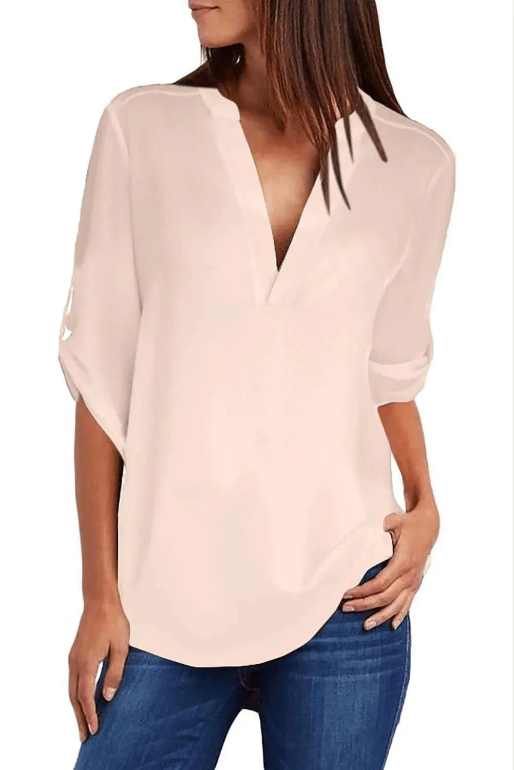 Apricot Split Collar Roll Up Sleeve Blouse