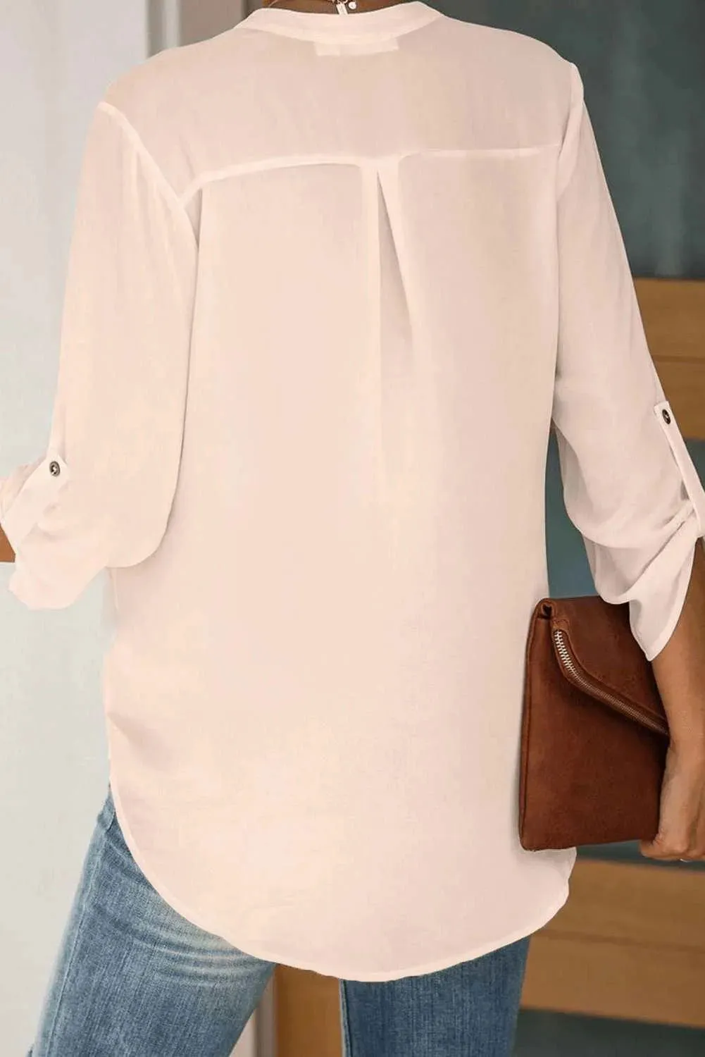 Apricot Split Collar Roll Up Sleeve Blouse