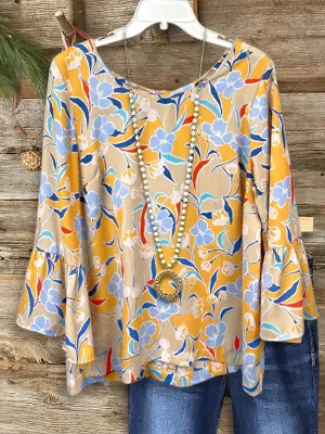 Artistic Floral Print Ruffled Blouse