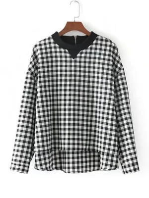 Back Zipper Plaid Casual Blouses