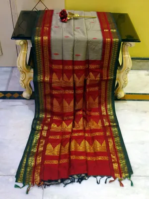 Banarasi Border Soft South Cotton Gadwal with Rich Pallu in Gray, Maroon and Green