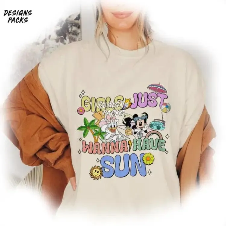 Besties Matching Summer Vibes Cartoon Minnie & Daisy Bestie Girls Just Wanna Have Fun PNG Design