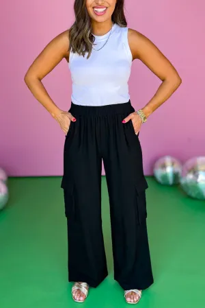 Black Linen Elastic Waist Wide Leg Cargo Pants *FINAL SALE*