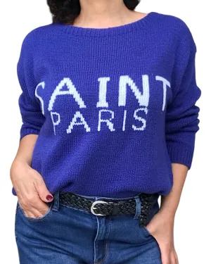 Chandail en tricot bleu royal« Saint Paris » col rond