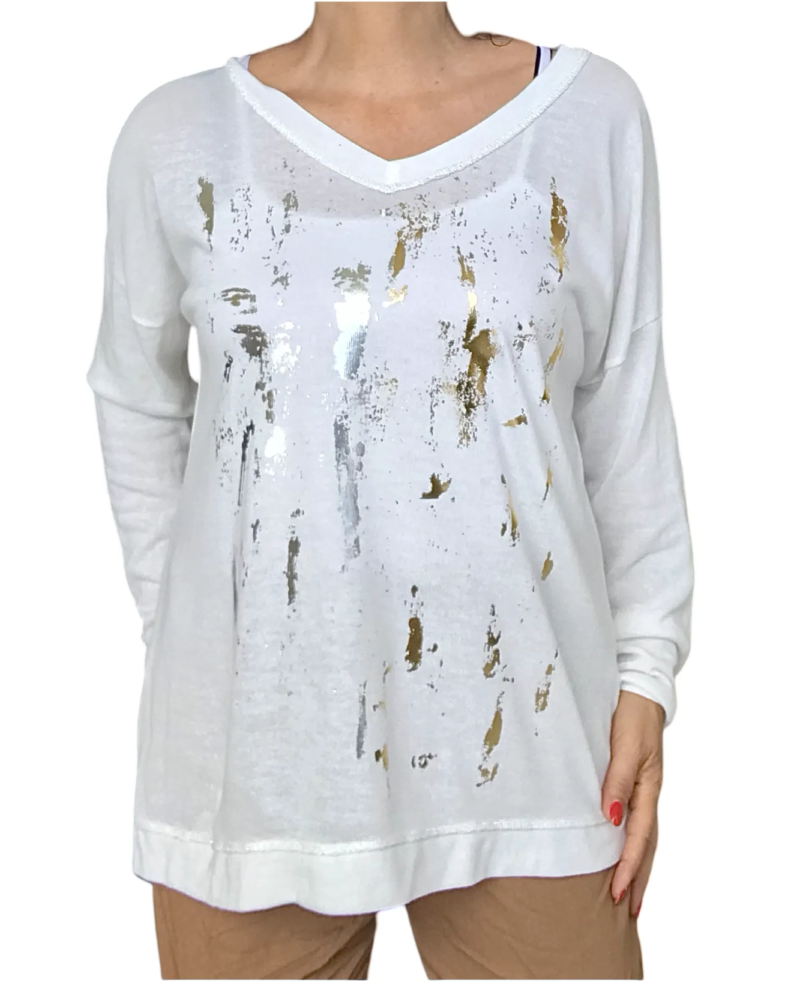 Chandail tricot, col en V avec taches métallique or et argent