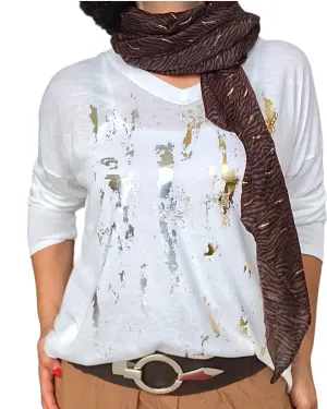 Chandail tricot, col en V avec taches métallique or et argent