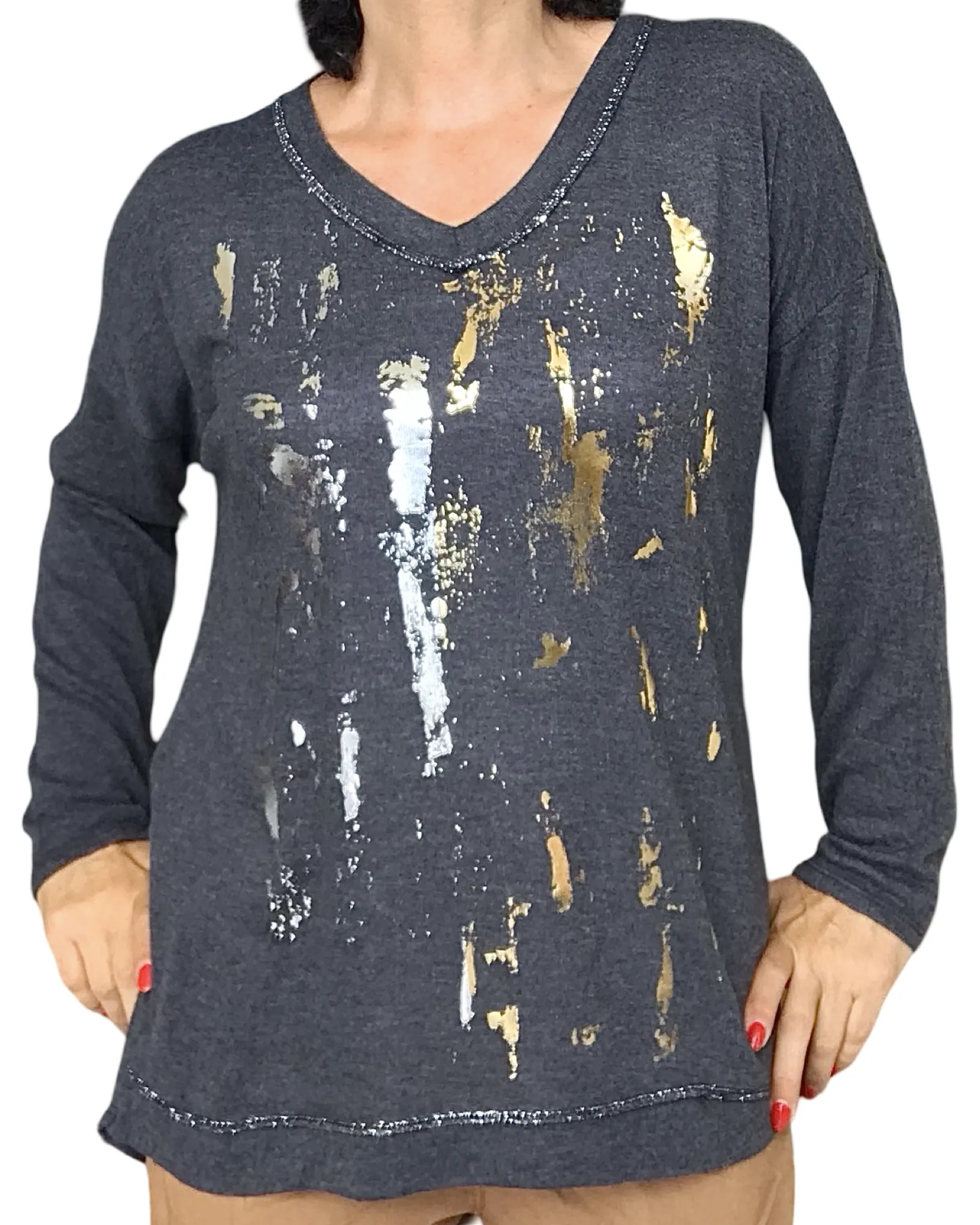 Chandail tricot, col en V avec taches métallique or et argent