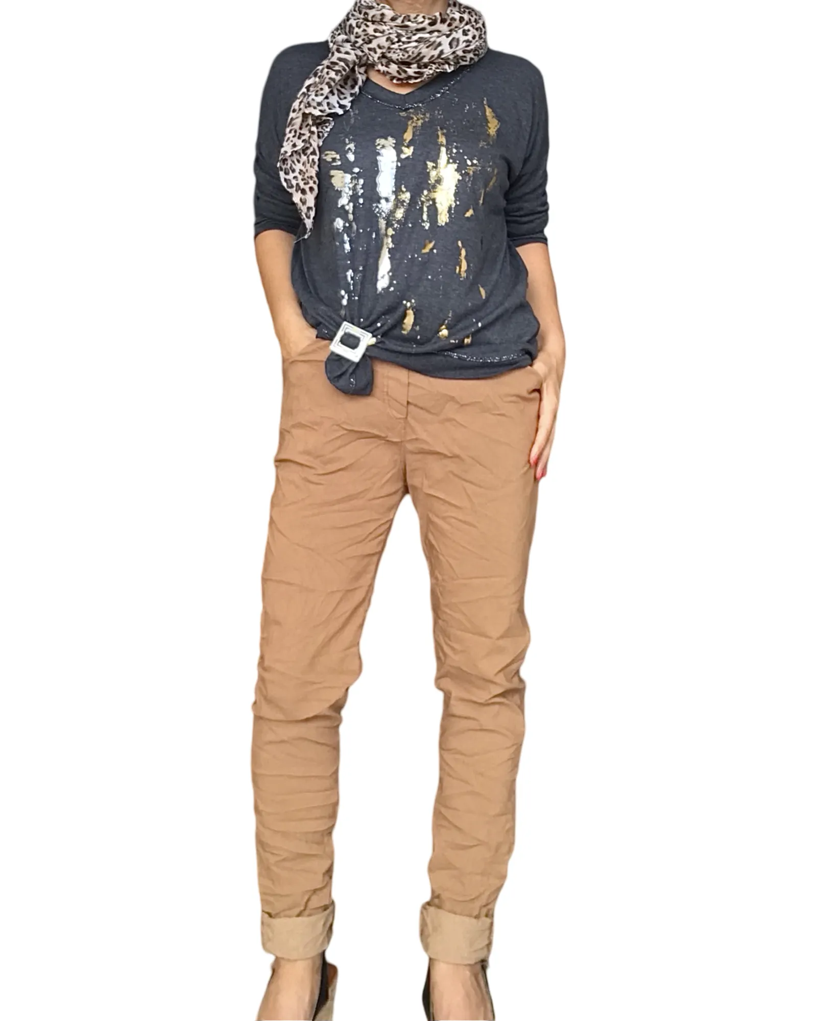 Chandail tricot, col en V avec taches métallique or et argent