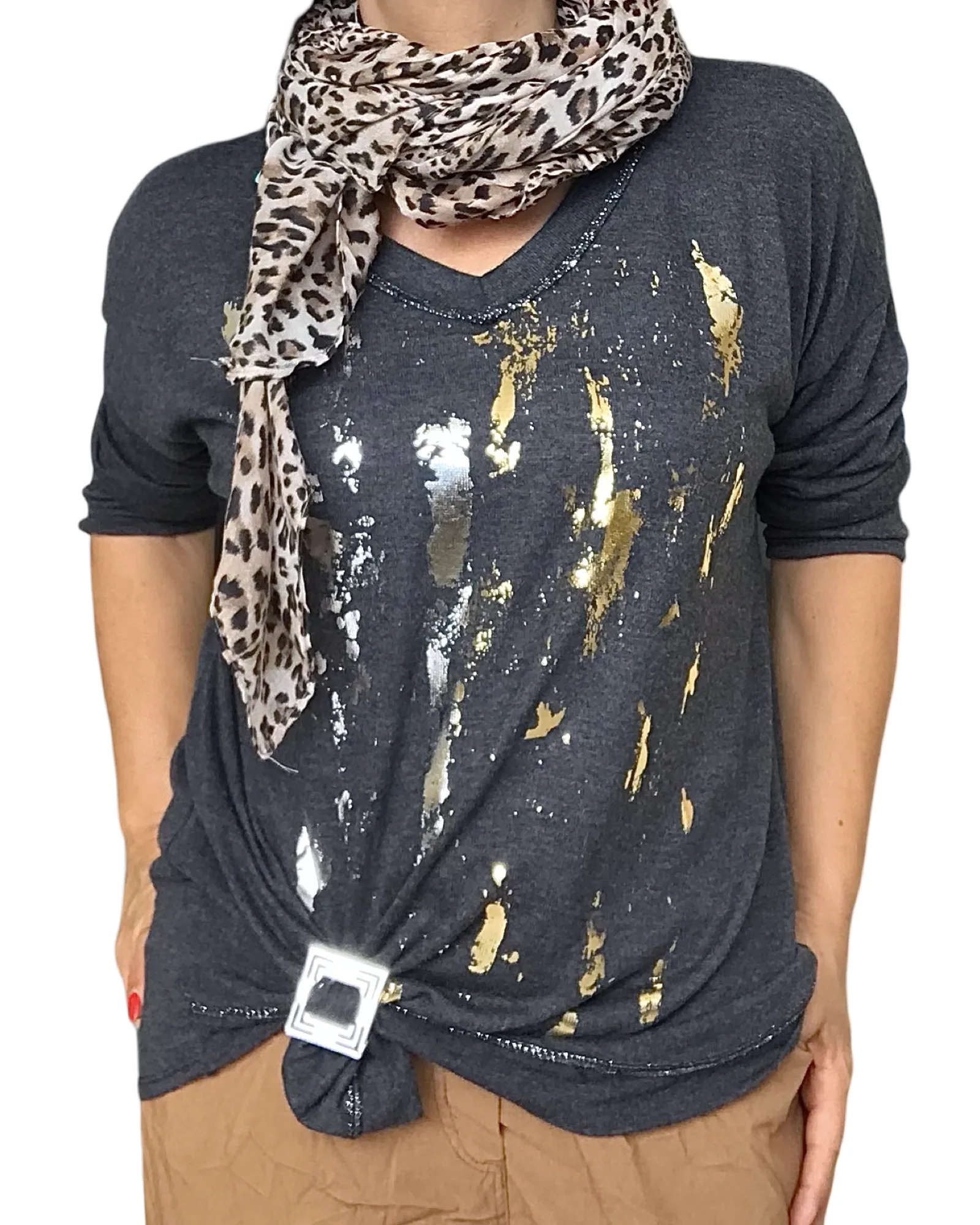 Chandail tricot, col en V avec taches métallique or et argent