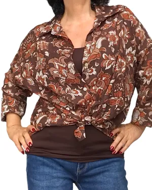 Chemise brune fleurie beige, rouille