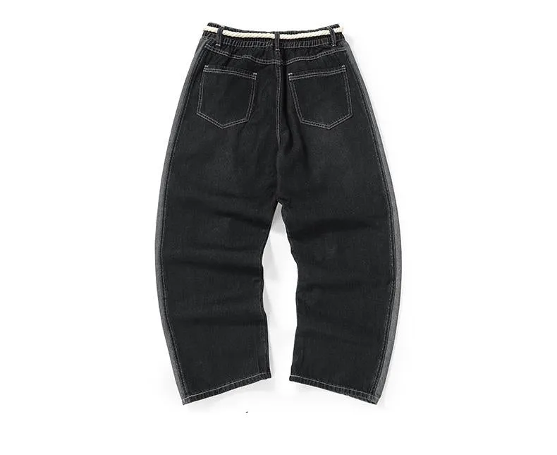 Color Block Jeans With Hemp Rope Belt