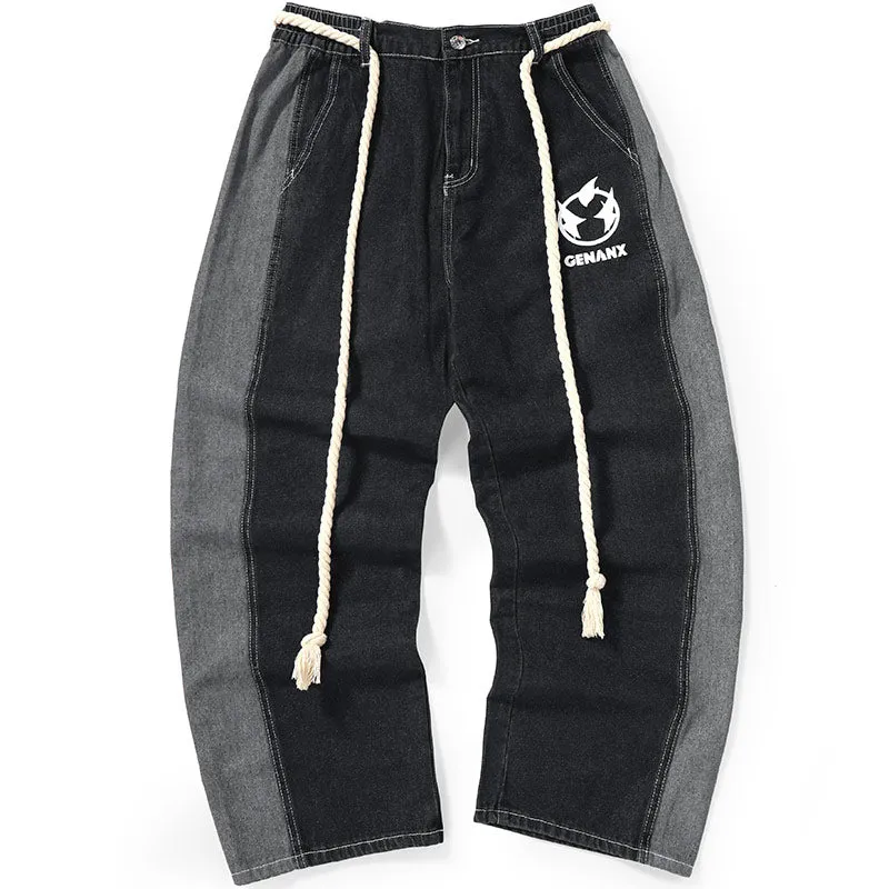 Color Block Jeans With Hemp Rope Belt
