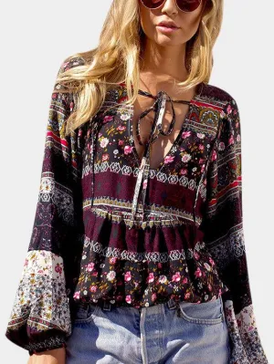 Custom Deep V Neck Printed Long Sleeve Blouses