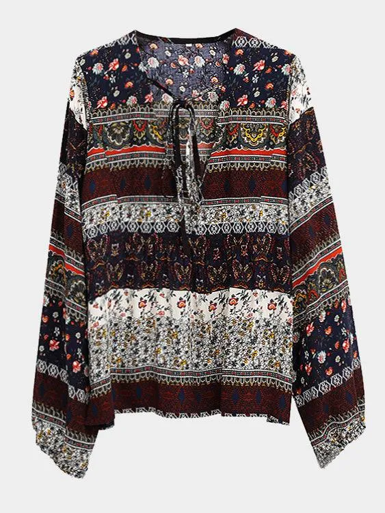 Custom Deep V Neck Printed Long Sleeve Blouses