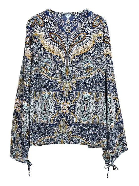 Custom Deep V Neck Printed Long Sleeve Blouses