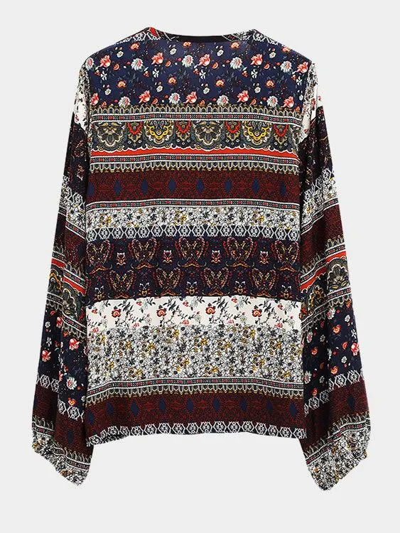 Custom Deep V Neck Printed Long Sleeve Blouses