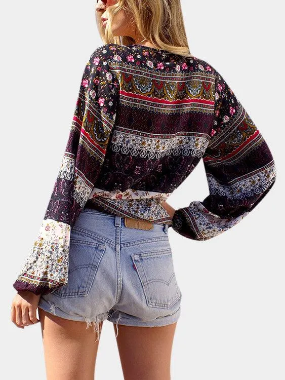 Custom Deep V Neck Printed Long Sleeve Blouses
