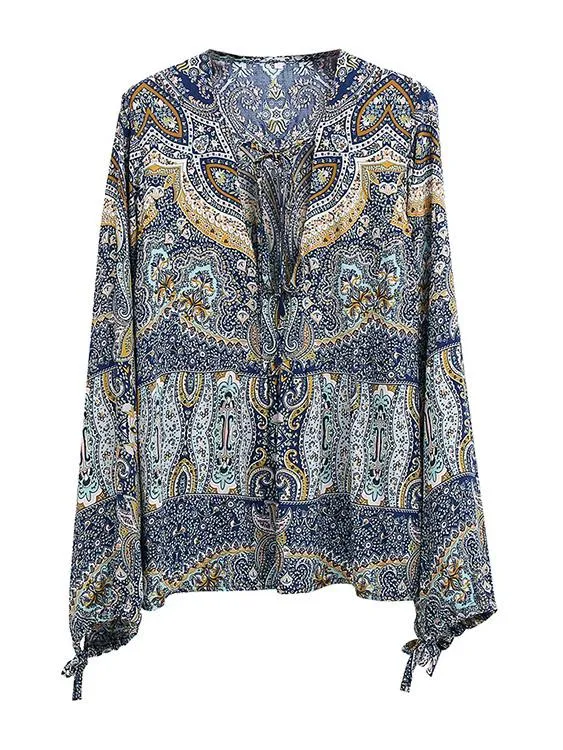 Custom Deep V Neck Printed Long Sleeve Blouses