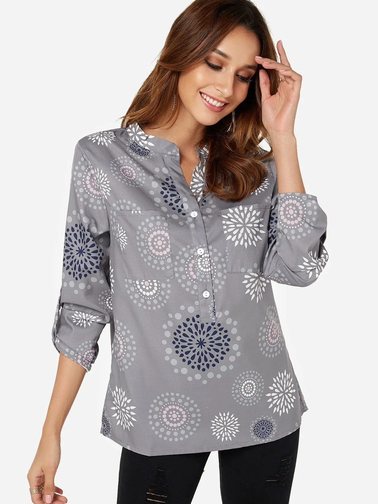 Custom Random Tribal Print V-Neck Long Sleeves Shirt