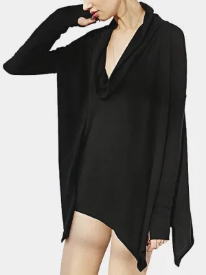 Custom Roll Neck Long Sleeve Irregular Hem Black Top