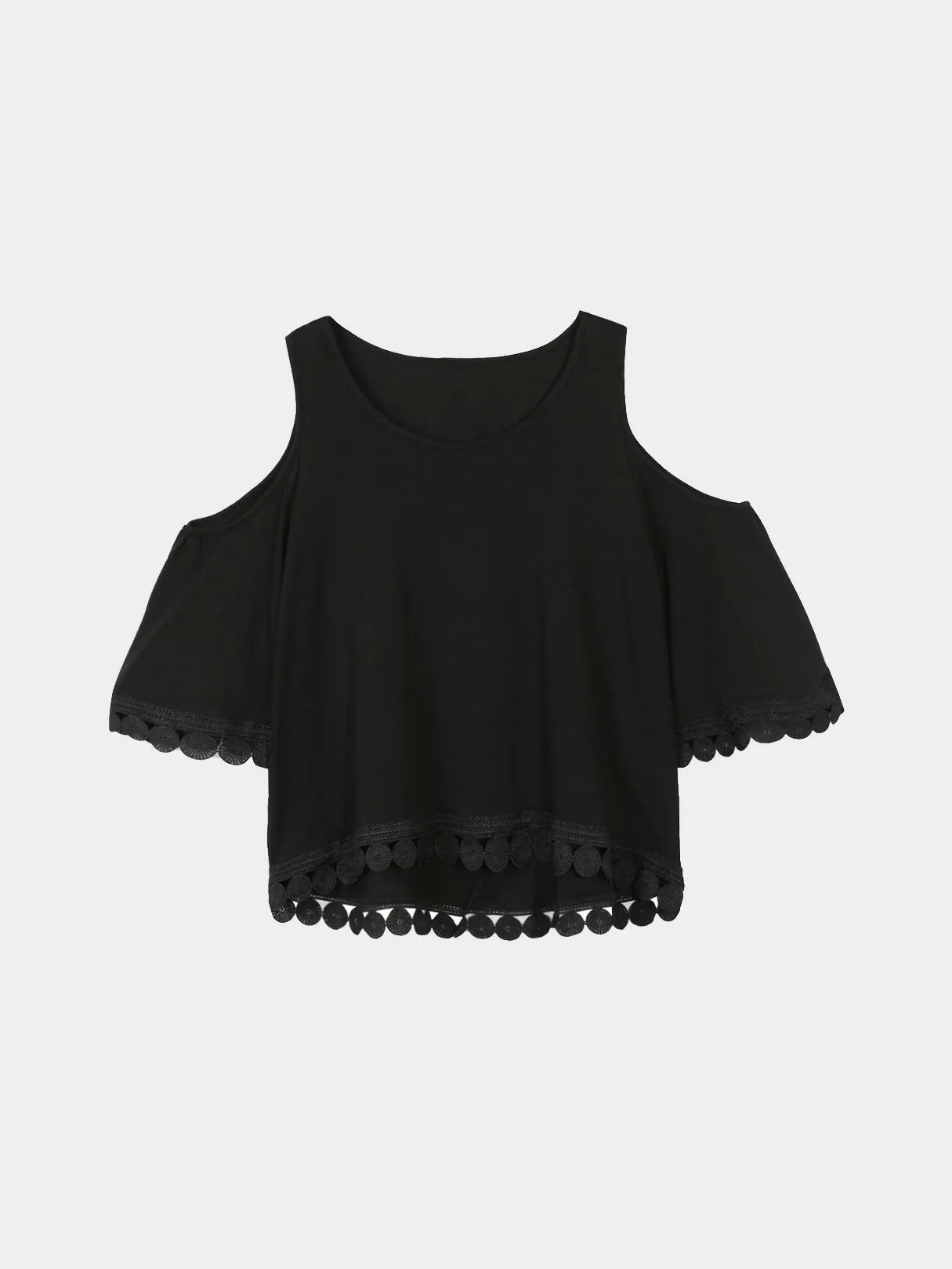 Custom Round Neck Cold Shoulder Half Sleeve Black Blouses