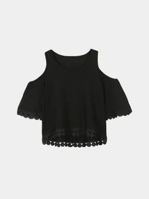 Custom Round Neck Cold Shoulder Half Sleeve Black Blouses