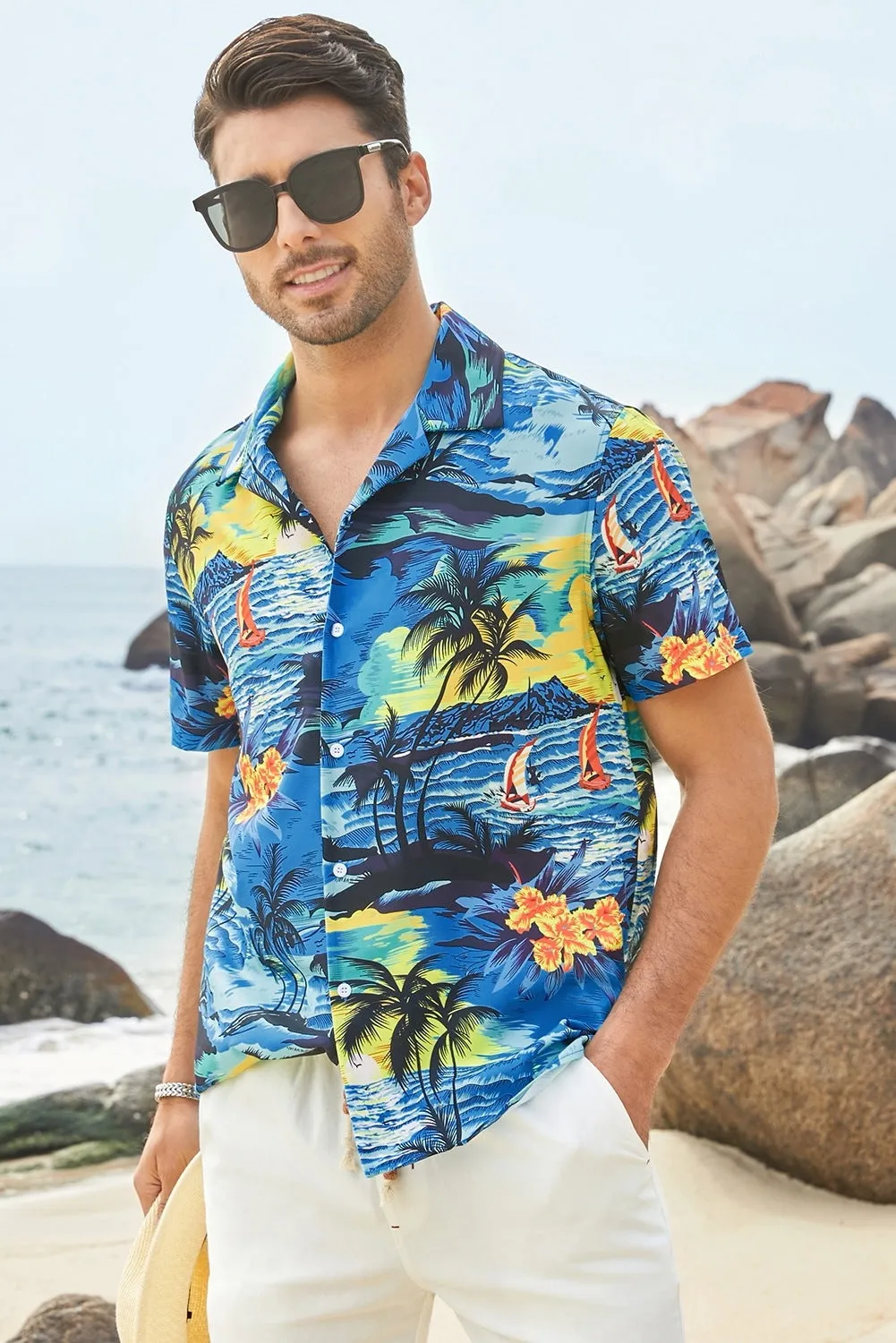 Floral Scenery Pattern Print Buttons Short Sleeve Men's Shirt