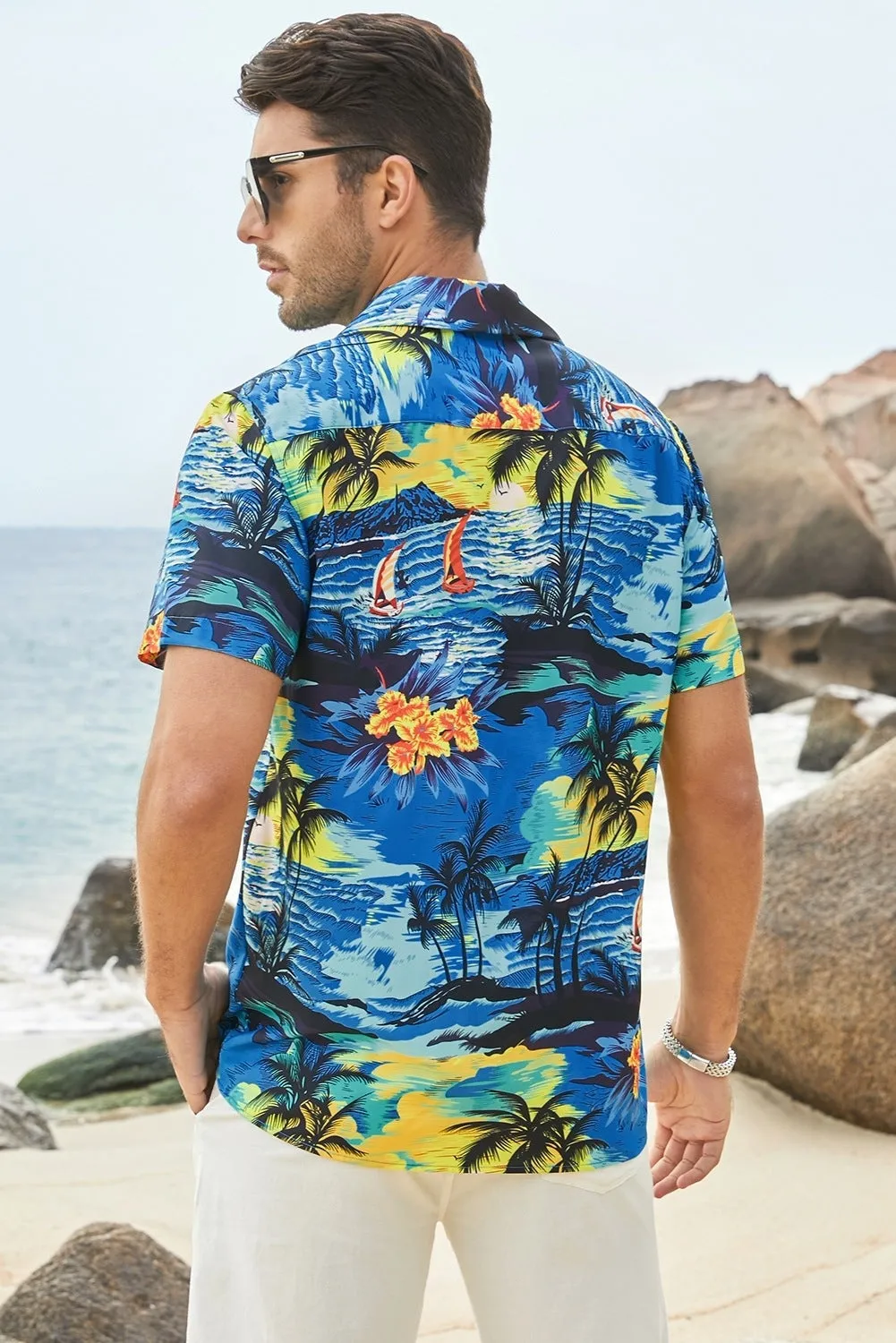Floral Scenery Pattern Print Buttons Short Sleeve Men's Shirt