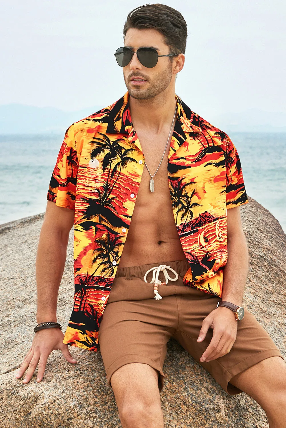 Floral Scenery Pattern Print Buttons Short Sleeve Men's Shirt