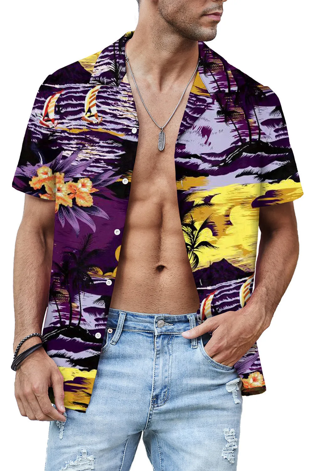 Floral Scenery Pattern Print Buttons Short Sleeve Men's Shirt