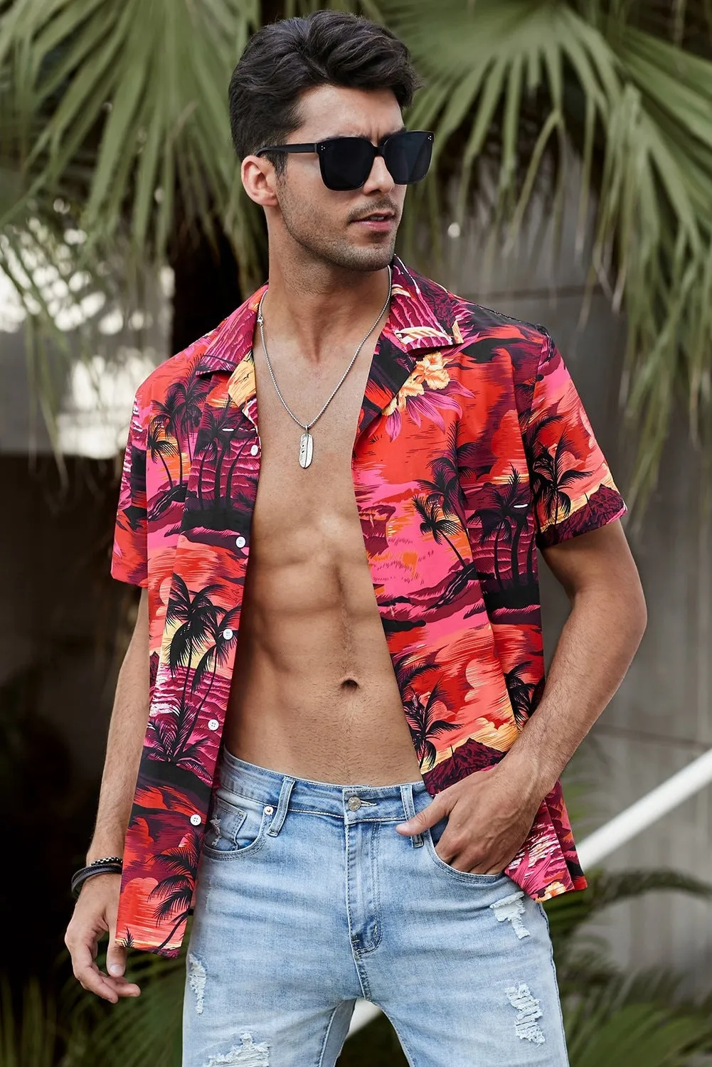 Floral Scenery Pattern Print Buttons Short Sleeve Men's Shirt