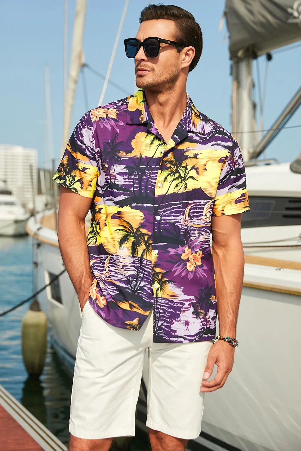 Floral Scenery Pattern Print Buttons Short Sleeve Men's Shirt