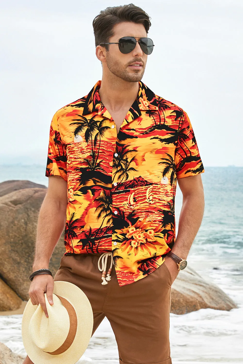 Floral Scenery Pattern Print Buttons Short Sleeve Men's Shirt