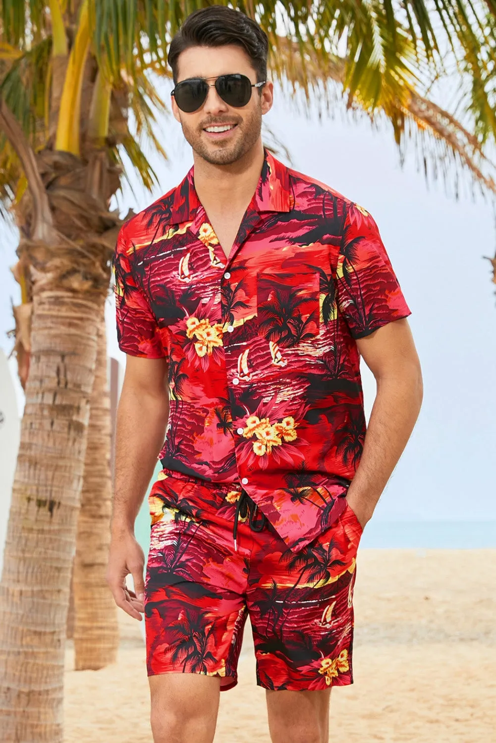 Floral Scenery Pattern Print Buttons Short Sleeve Men's Shirt