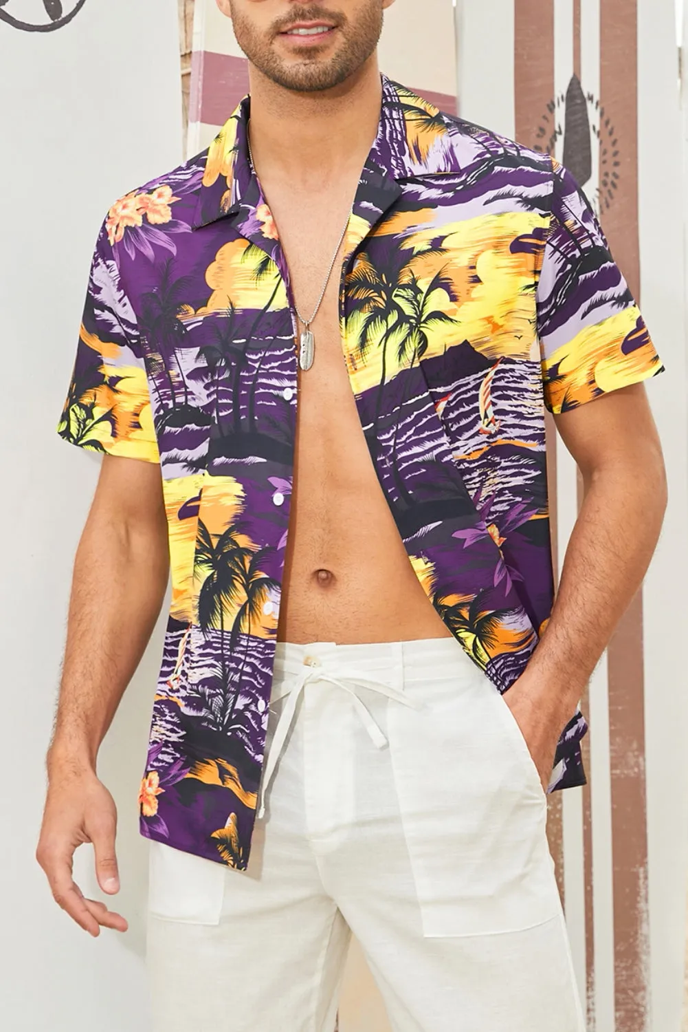 Floral Scenery Pattern Print Buttons Short Sleeve Men's Shirt
