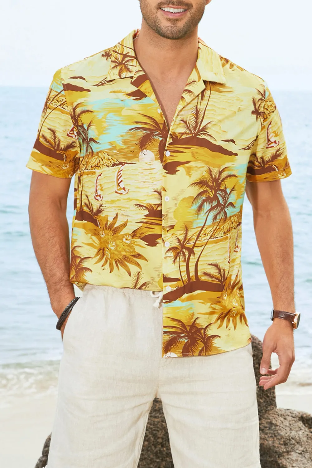 Floral Scenery Pattern Print Buttons Short Sleeve Men's Shirt