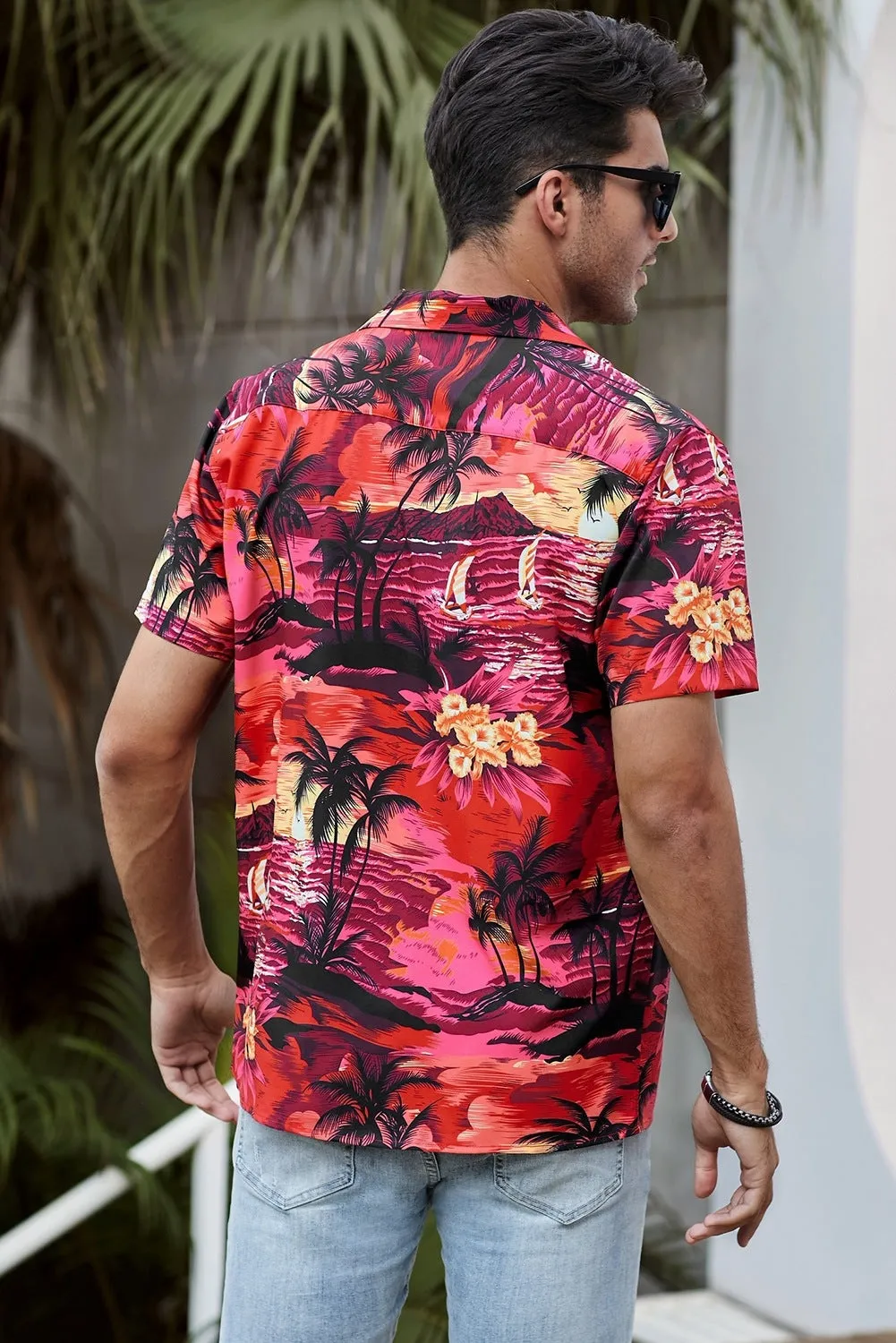 Floral Scenery Pattern Print Buttons Short Sleeve Men's Shirt