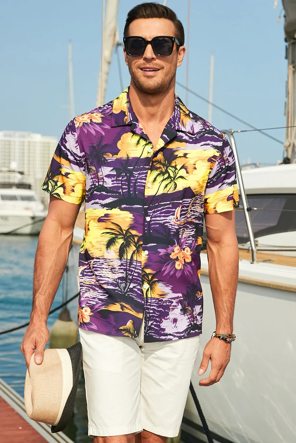 Floral Scenery Pattern Print Buttons Short Sleeve Men's Shirt