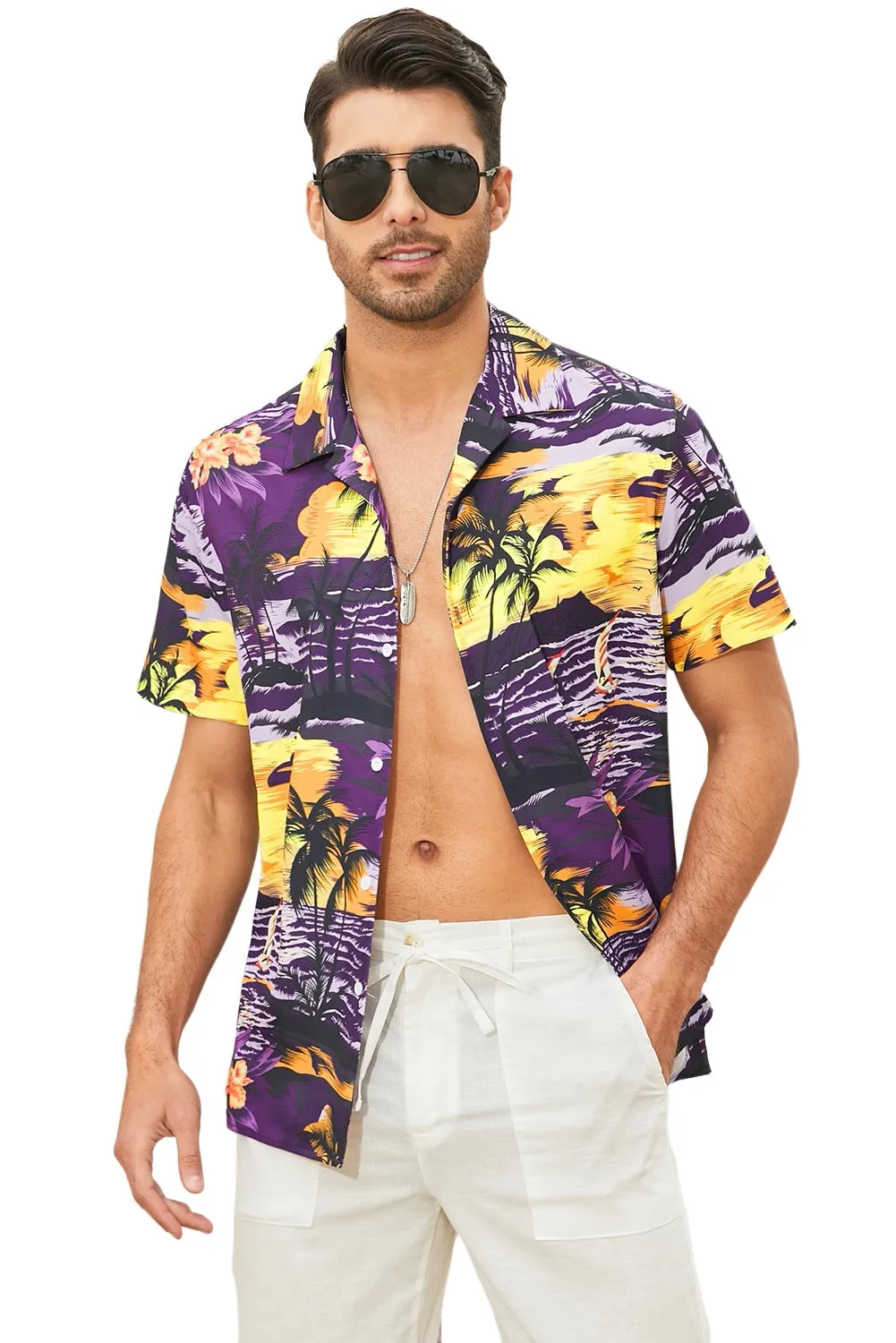 Floral Scenery Pattern Print Buttons Short Sleeve Men's Shirt
