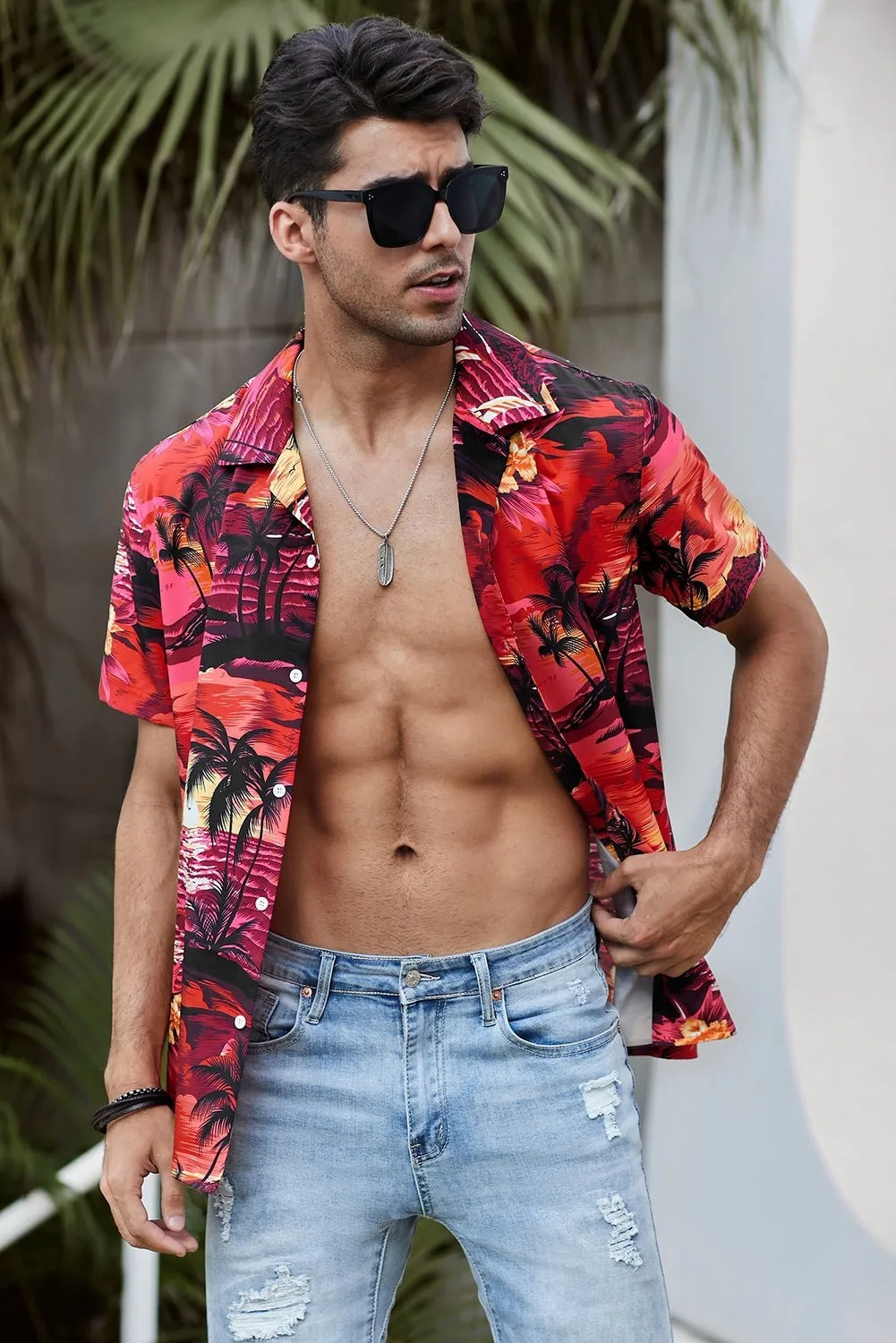 Floral Scenery Pattern Print Buttons Short Sleeve Men's Shirt