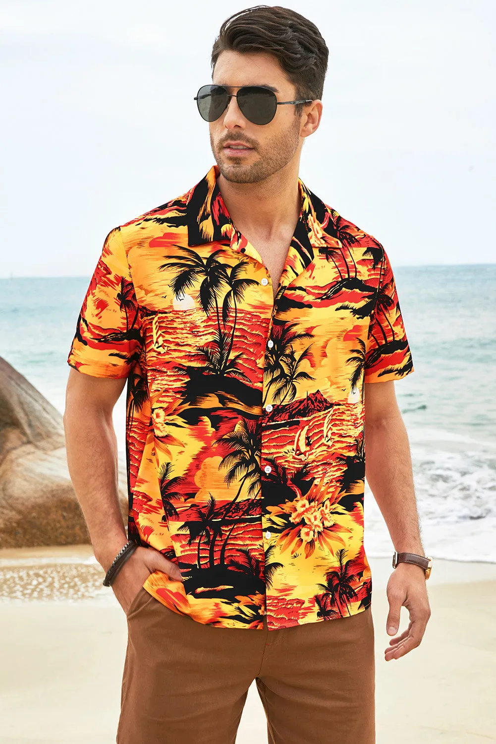 Floral Scenery Pattern Print Buttons Short Sleeve Men's Shirt