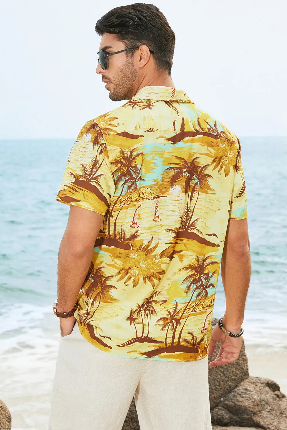 Floral Scenery Pattern Print Buttons Short Sleeve Men's Shirt