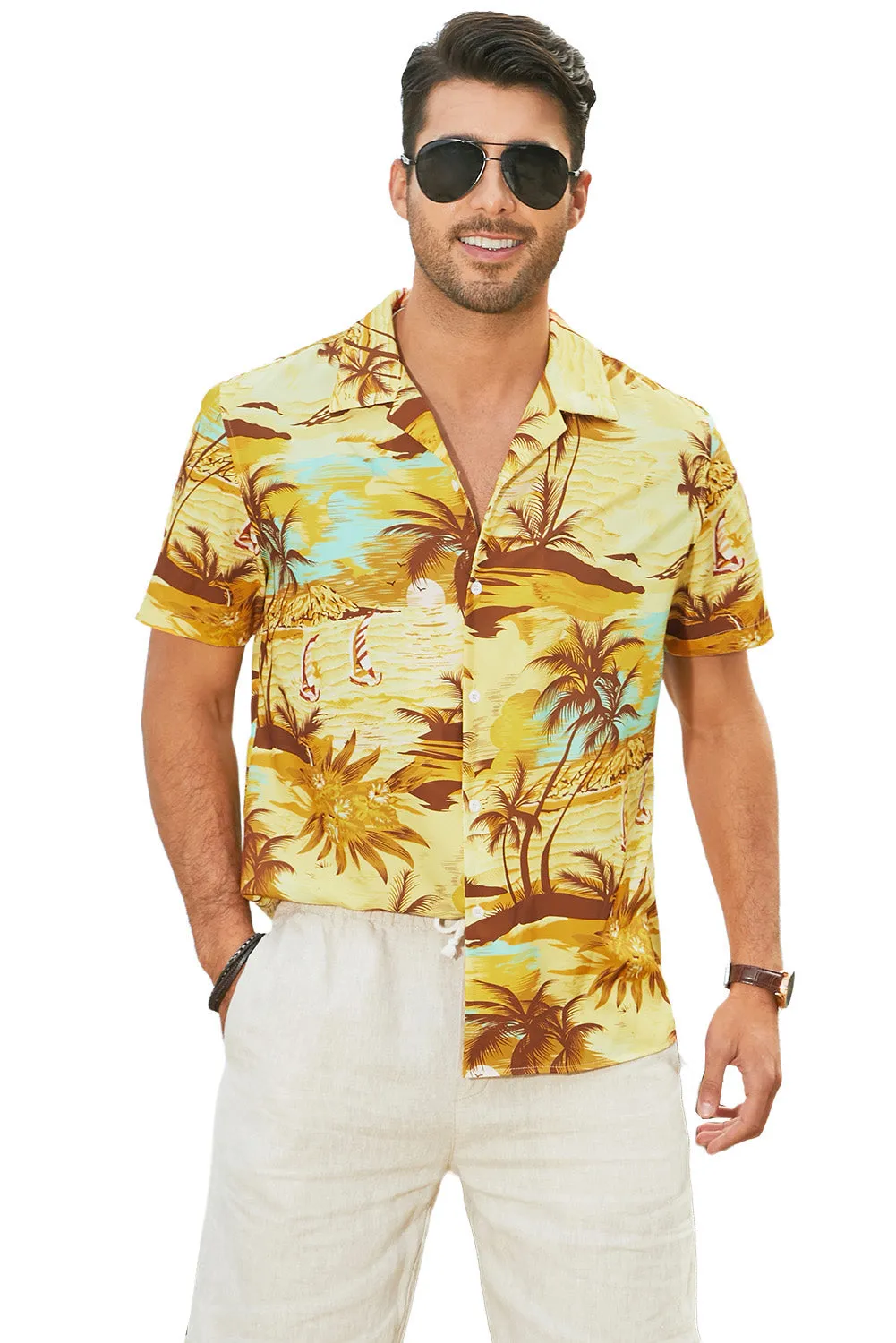 Floral Scenery Pattern Print Buttons Short Sleeve Men's Shirt
