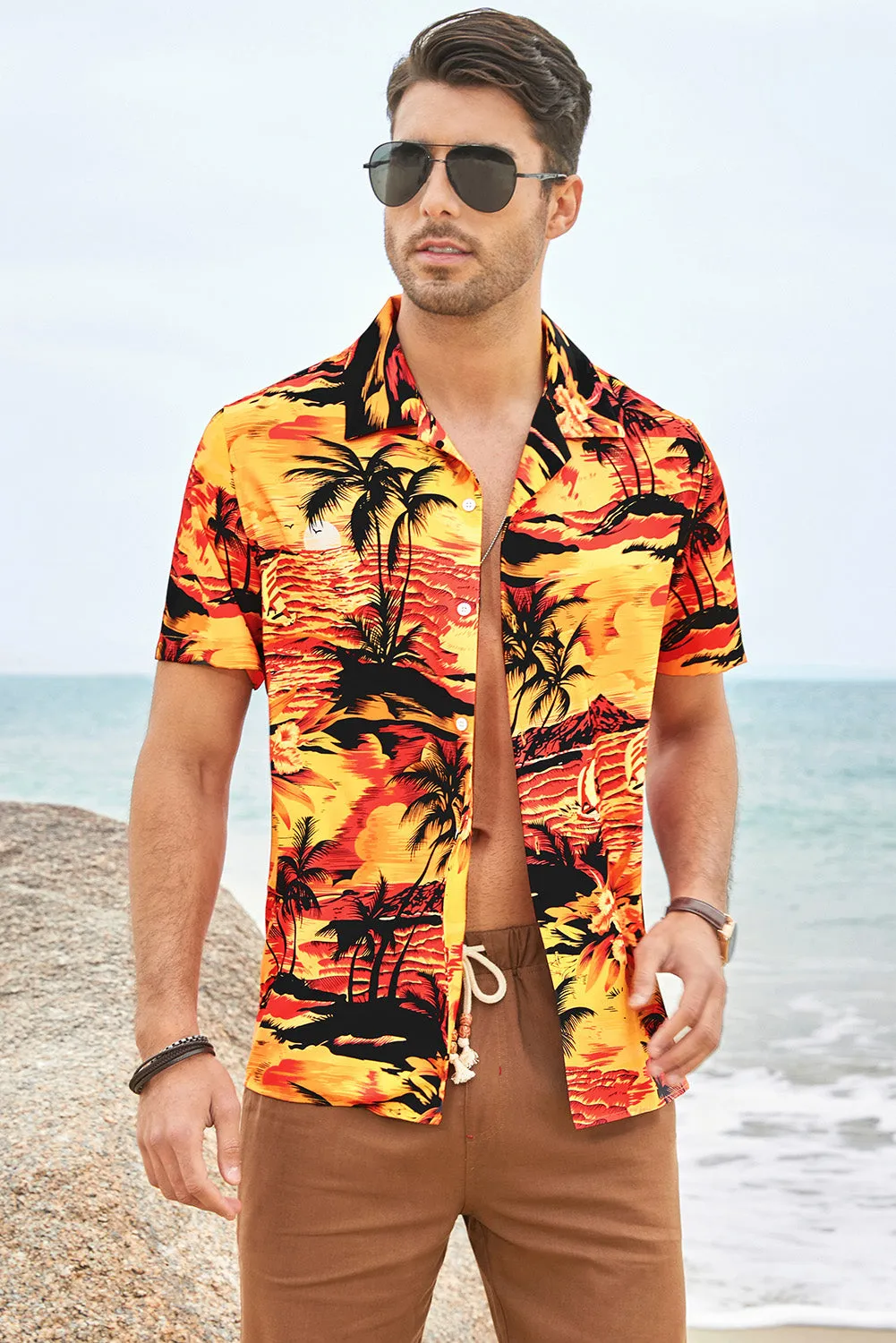 Floral Scenery Pattern Print Buttons Short Sleeve Men's Shirt